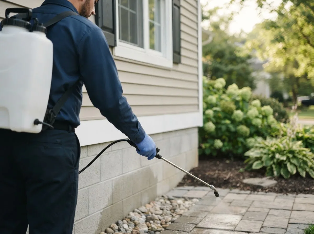 Pest control technician inspecting a home in Centuria, WI